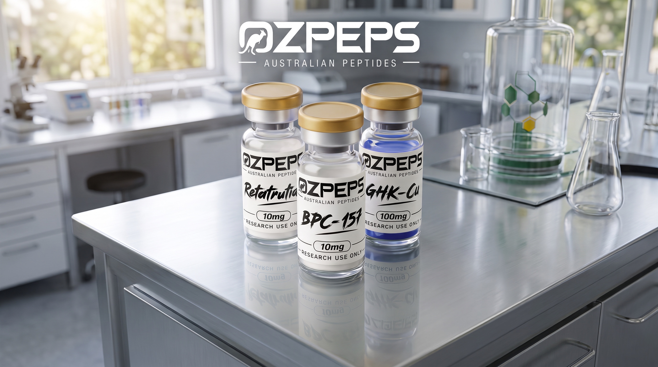 OzPeps premium research peptide vials — Retatrutide, BPC-157 and GHK-Cu on an Australian lab bench